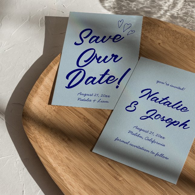 Handgeschriebene Navy farbenfrohe Retro Moderne Ho Save The Date (Von Creator hochgeladen)