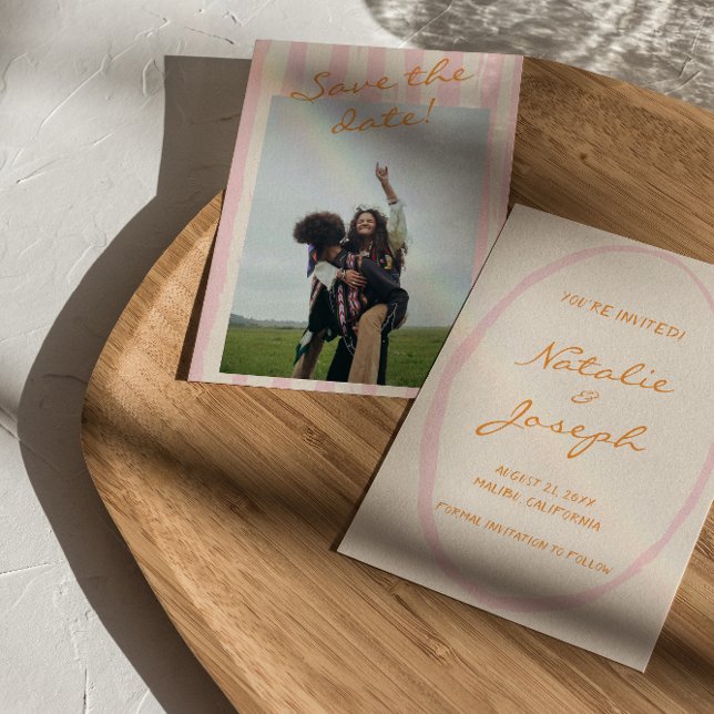 Handgeschriebene Pinstripes farbiges Foto Hochzeit Save The Date (Von Creator hochgeladen)