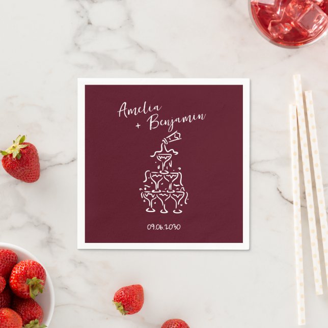 Handgeschriebene Retro-Champagner-Turm-Hochzeit Serviette (Beispiel)