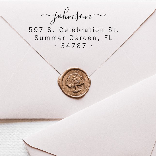 Handgeschriebene Rücksendeadresse für den Namen de Permastempel (Modern Elegant Script Family Name Wedding Rubber Stamp)