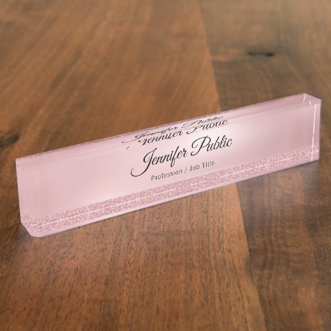 Handgeschriebene Skript-Rose Gold Glitzer Klasse M Namensplakette (Seite)