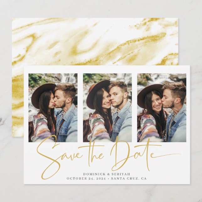 Handgeschriebene Skripttypopgrafie Gold-Marmor Save The Date (Vorne/Hinten)