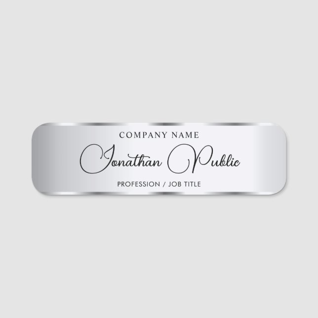 Handgeschriebene Skriptvorlage Elegant Silver Cust Namensschild (Vorderseite)