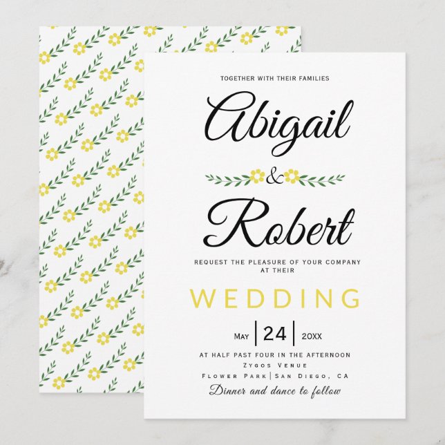 Handgeschriebene Typografie gelbe Blumen Hochzeit Einladung (Vorne/Hinten)
