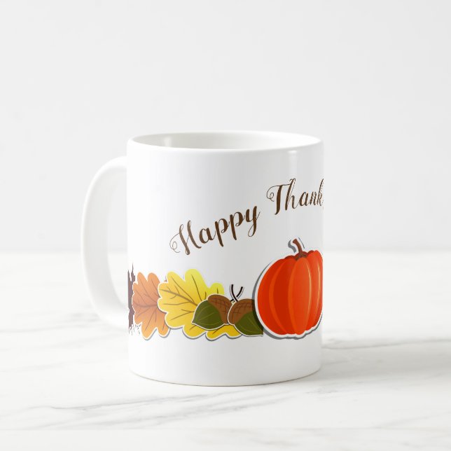 Handgeschriebene Typografie Kürbis Blätter Ernteda Kaffeetasse (Vorderseite Links)