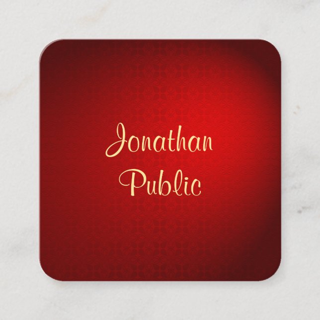 Handgeschriebene Vorlage Eleganter Red Damask Gold Quadratische Visitenkarte (Vorderseite)