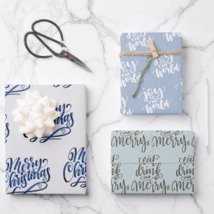 Handgeschriebene Weihnachtsgrüße Grau Blau Grün Geschenkpapier Set