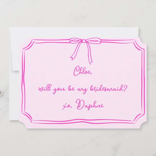 Handgeschriebener Coquette Bow Pink Bridesmaid-Vor Einladung (Vorderseite)