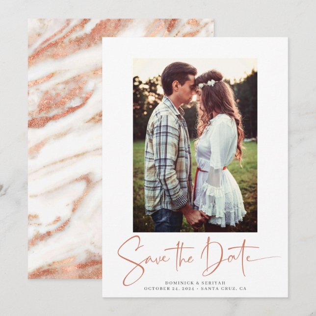 Handgeschriebener Kupfer-Rose-Gold-Marmor Save the Date (Vorne/Hinten)
