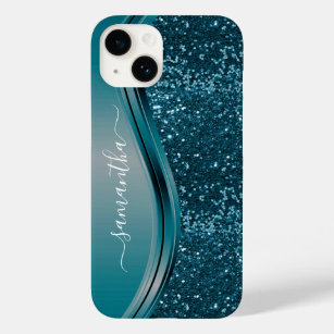 Handgeschriebener Name Aquamarin Blue Metal Glitze Case-Mate iPhone 14 Hülle