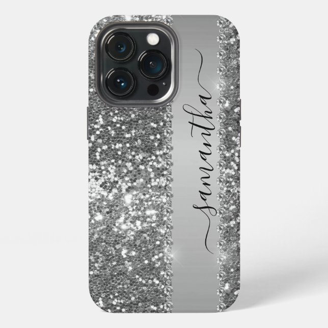 Handgeschriebener Name Graphit Diamant Glitter Loo iPhone 13 Pro Hülle (Hinten)