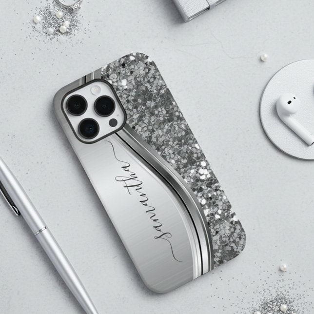 Handgeschriebener Name Silver Metal Glitzer 12 Case-Mate iPhone Hülle (Von Creator hochgeladen)