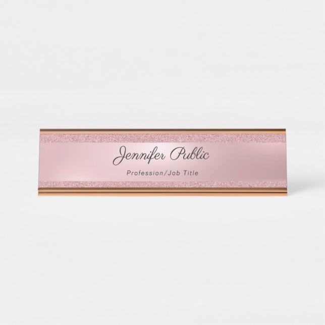 Handgeschriebener Text-eleganter Rosen-GoldGlitzer Schreibtischnamensplakette (Vorderseite )