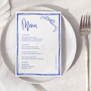 Handgeschriebenes blauer französischer Hochzeitsme Menükarte