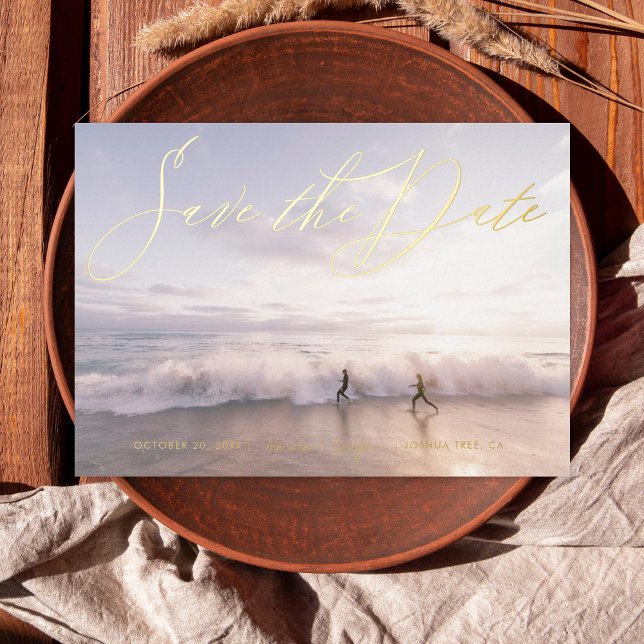 Handgeschriebenes Foto Save the Date Gold Folieneinladung (Von Creator hochgeladen)