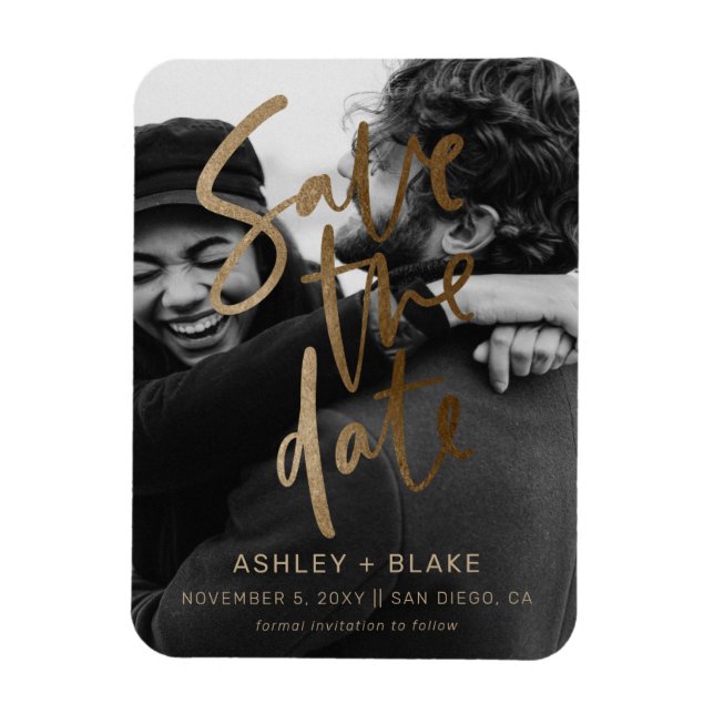 Handgeschriebenes Gold-Foto Save the Date Magnet (Vertikal)