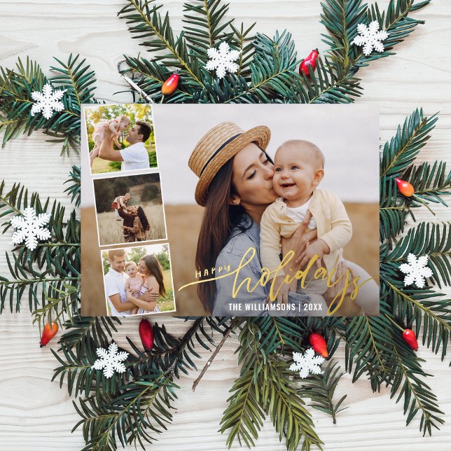 Handgeschriebenes Happy Holidays Foto Collage Gold Folieneinladung (Von Creator hochgeladen)