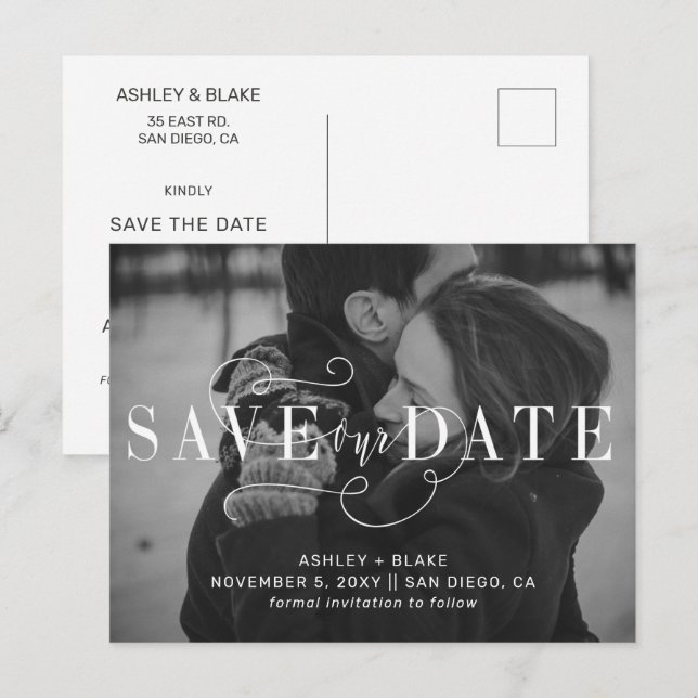 Handgeschriebenes Kalligrafie-Foto Save the Date Ankündigungspostkarte (Vorne/Hinten)