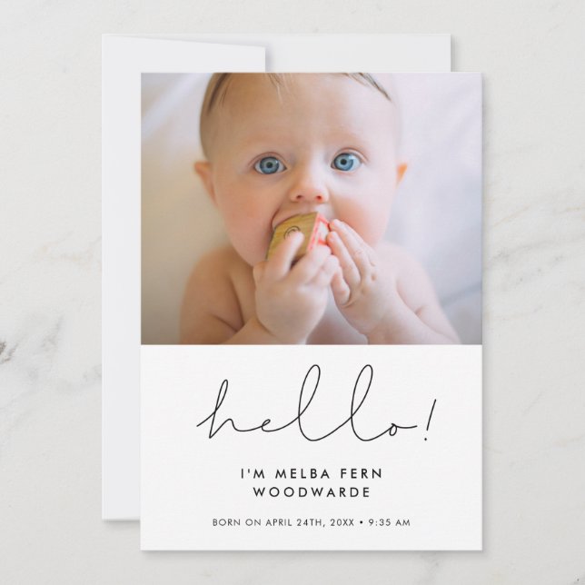 Handgeschriebenes minimalistisches Hello New Baby  Ankündigung (Vorderseite)