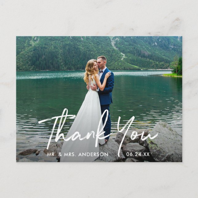 Handgeschriebenes Script Wedding Foto Vielen Dank Postkarte (Vorderseite)