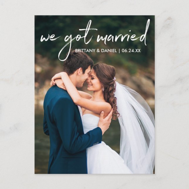 Handgeschriebenes Skript-Foto Wir Got Verheiratet Postkarte (Vorderseite)