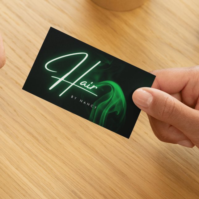 Handgeschriebenes Skript Green Neon Hair Stylist Visitenkarte (Von Creator hochgeladen)