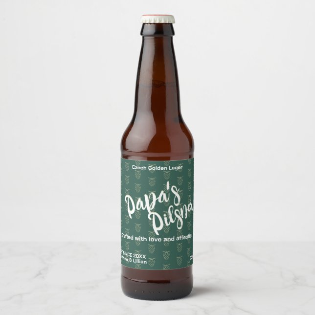 Handgeschriebenes Skript "Papa's Pilsner" Hopfenmu Bierflaschenetikett (Vorderseite)