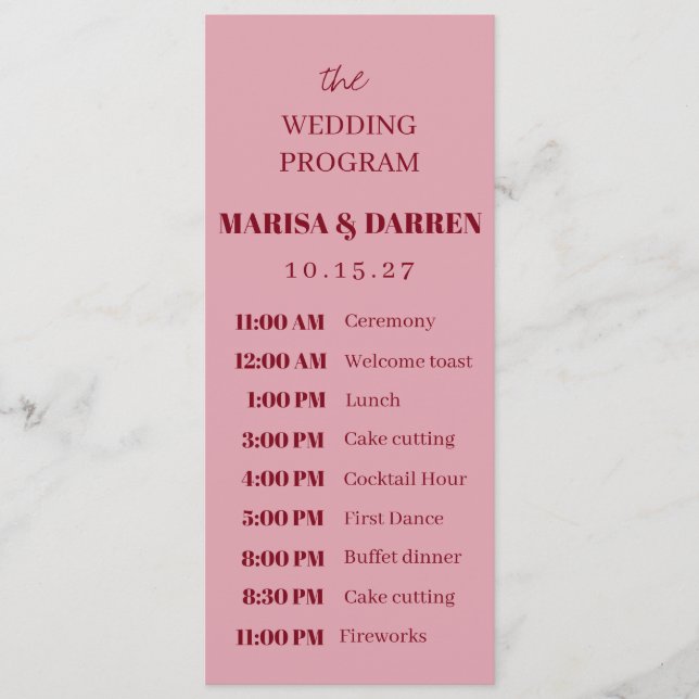Handgeschriebenes Skript Rosa und Rote Hochzeit Programm (Vorderseite)