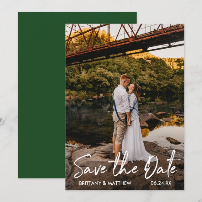 Handgeschriebenes Skript Save the Date Green Foto  (Vorne/Hinten)