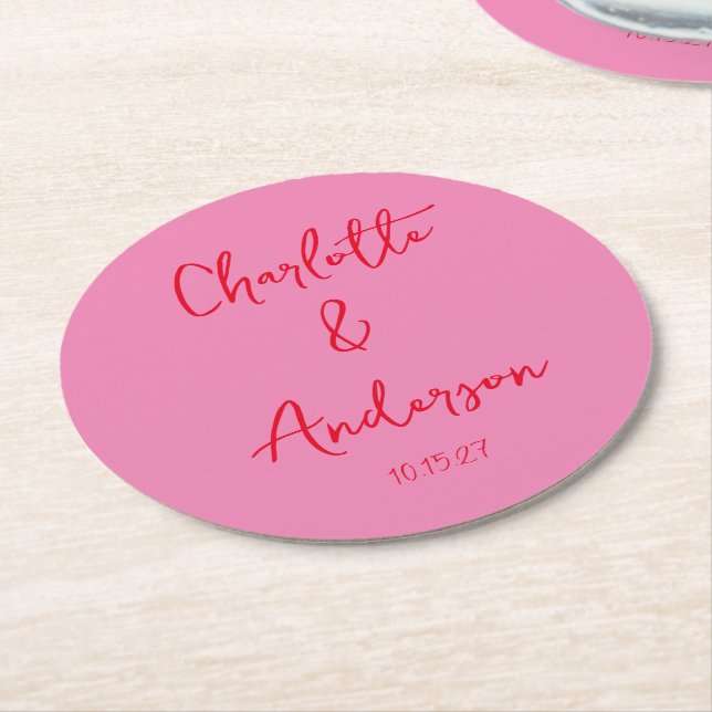 Handgeschriebenes Skript Whimsy Rosa Custom Weddin Runder Pappuntersetzer (Angewinkelt)