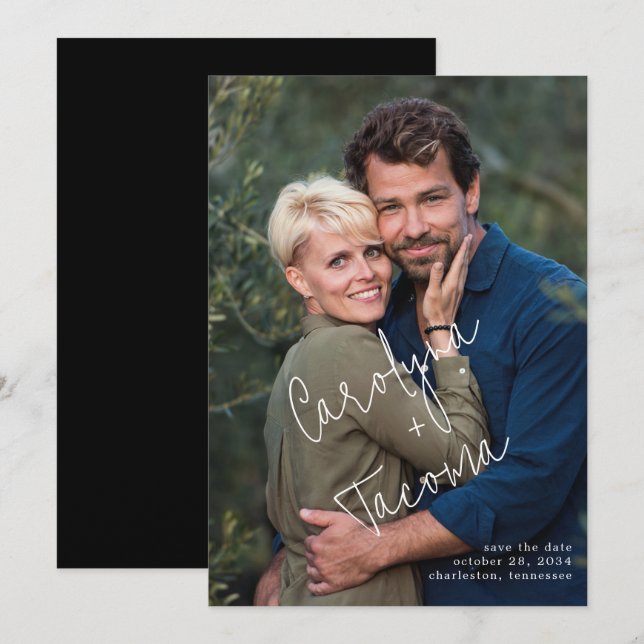 Handgeschriebenes Typografy Names Foto Save the Da Date (Vorne/Hinten)