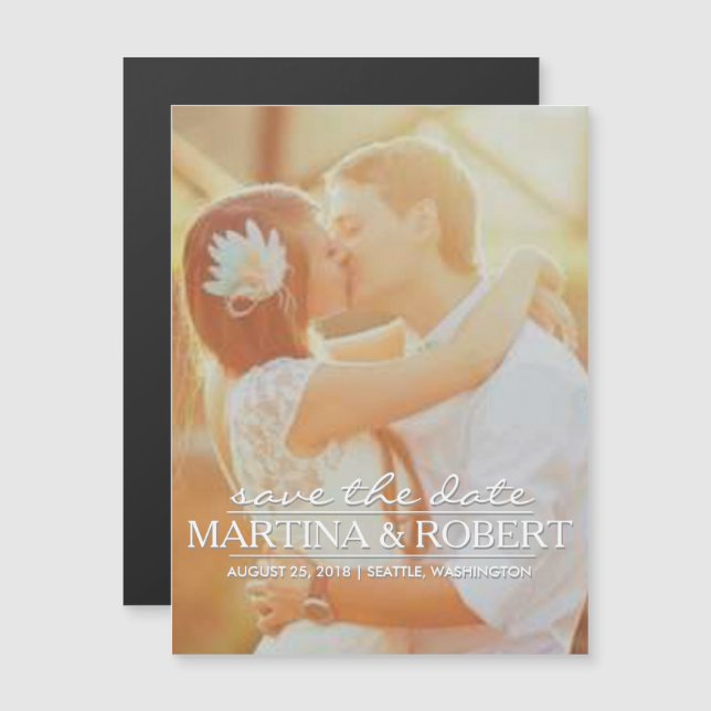 Handgeschriebenes, weißes Skript Save the Date ver Magneteinladung (Vorne/Hinten)