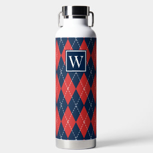 Handgesticktes Argyle - Rot Weiß & Navy Monogramm Trinkflasche