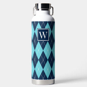 Handgesticktes Argyle - Türkis & Marine Monogramm Trinkflasche