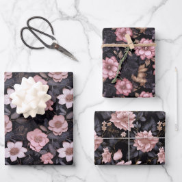 HandGezeichnet 3D-Blume-Muster in Rosa und Gold Geschenkpapier Set