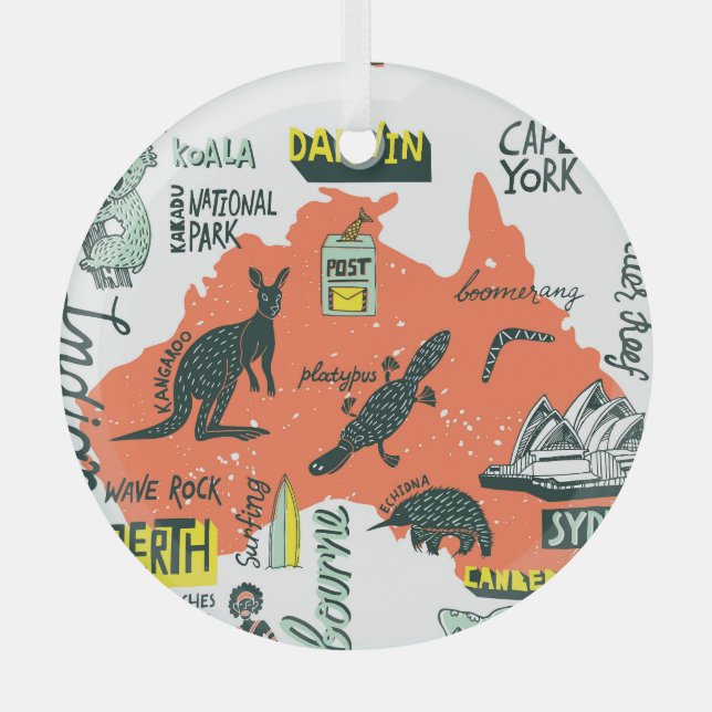 Handgezeichnet australische Attraktionen, Typograf Ornament Aus Glas (Vorderseite)