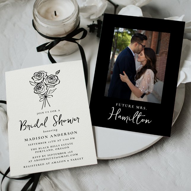 HandGezeichnet Black Rose Bouquet Foto Brautparty Einladung (Von Creator hochgeladen)