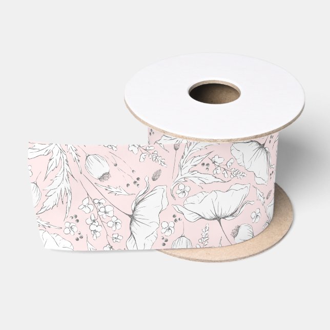 Handgezeichnet Bleistift-Wildblumen Elegant Rosa Satinband (Spule)