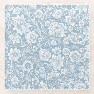 Handgezeichnet Blume, Blaugraue, weiße botanische  Glasuntersetzer
