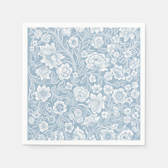 Handgezeichnet Blume, Blaugraue, weiße botanische  Serviette (Vorderseite)
