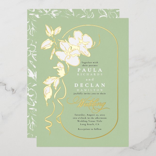 Handgezeichnet Blume Elegant Sage Green Wedding Folieneinladung (Vorderseite/Rückseite)