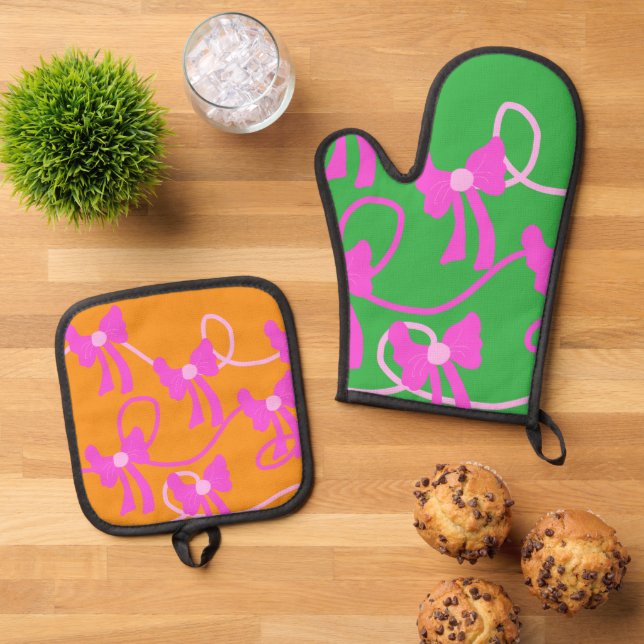 Handgezeichnet Bows Rosa Gelbe Liebhaber Ofenhandschuh & Topflappen-Set (Oben Unten)