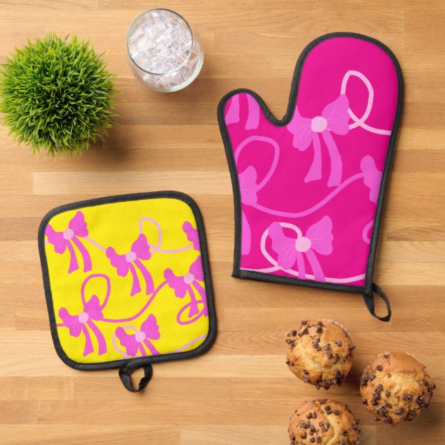 Handgezeichnet Bows Rosa Gelbe Liebhaber Ofenhandschuh & Topflappen-Set (Oben Unten)