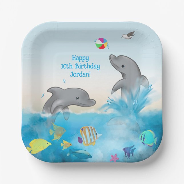 Handgezeichnet Dolphin Volleyball Splash Ocean Pappteller (Vorderseite)