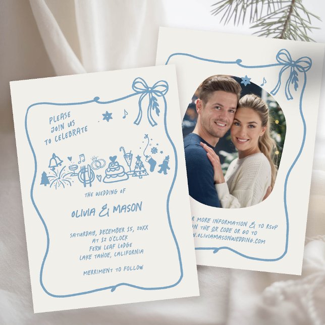HandGezeichnet Doodle Frame Bow Winter Blue QR Hoc Einladung (winter wedding invitation frozen blue doodle hand drawn illustration bow squiggle whimsical qr photo)