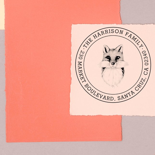 Handgezeichnet Fox | Runde Familienname Rücksendea Gummistempel (Von Creator hochgeladen)