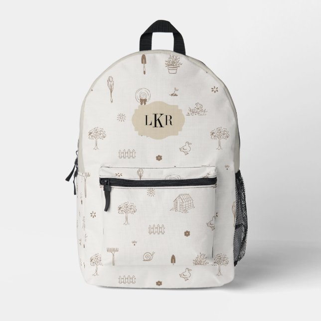 Handgezeichnet Gartenmotiv, 3-Buchstaben-Monogramm Bedruckter Rucksack (Vorderseite)