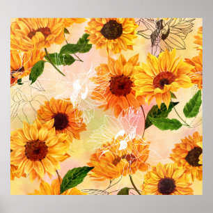 HandGezeichnet Gelbe Sonnenblumen Wasserfarben Mus Poster