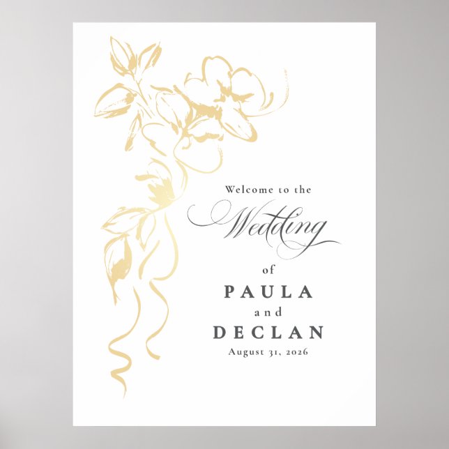 Handgezeichnet Gold-Blume Hochzeitszeichen Poster (Vorne)