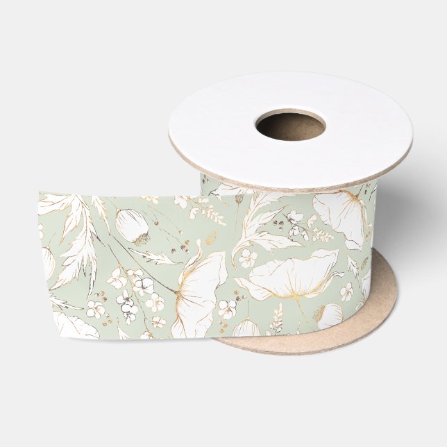 Handgezeichnet Gold-Wildblumen Elegant Sage Green Satinband (Spule)